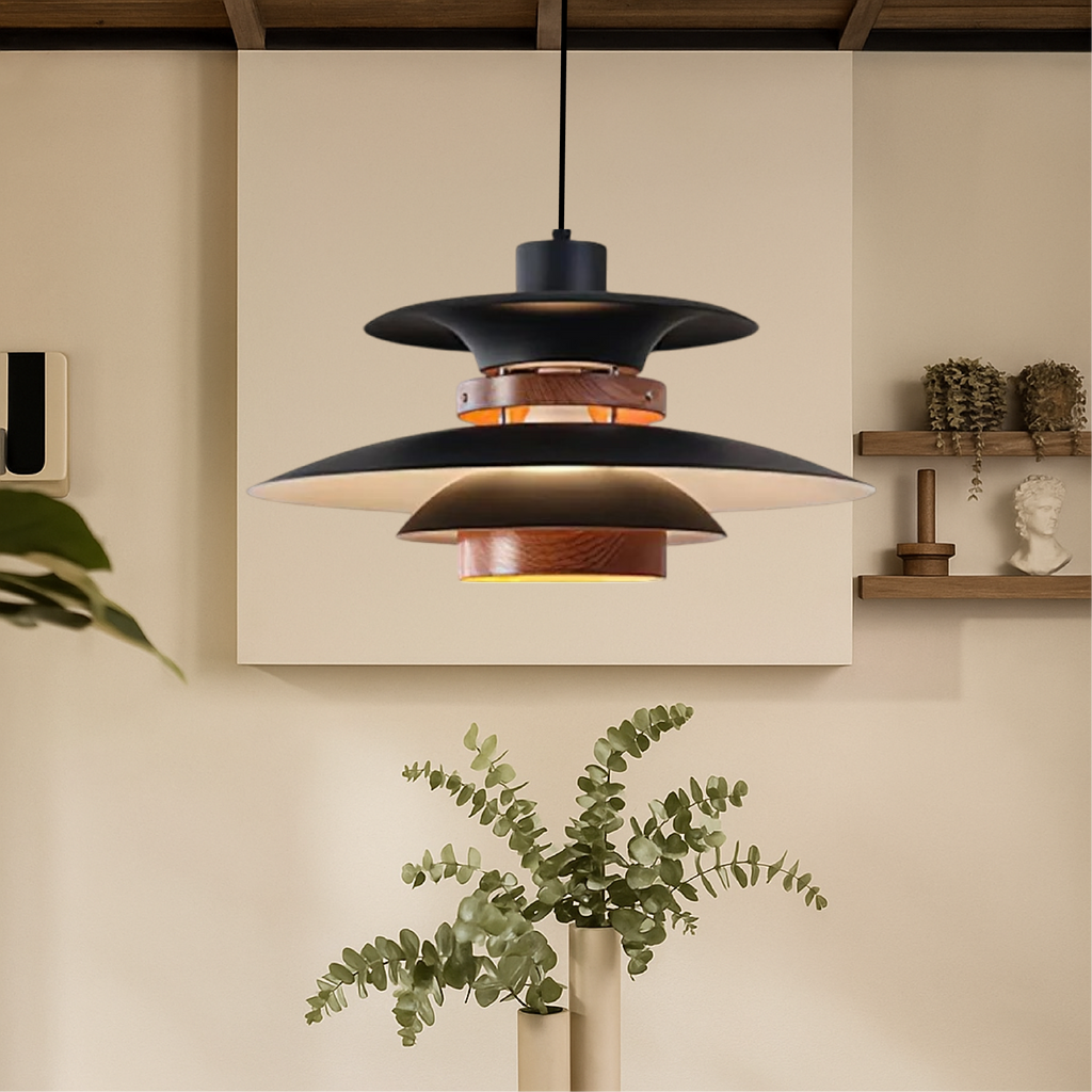 Swing Arm Pendant Light in Metal and Wood, 4 Shades