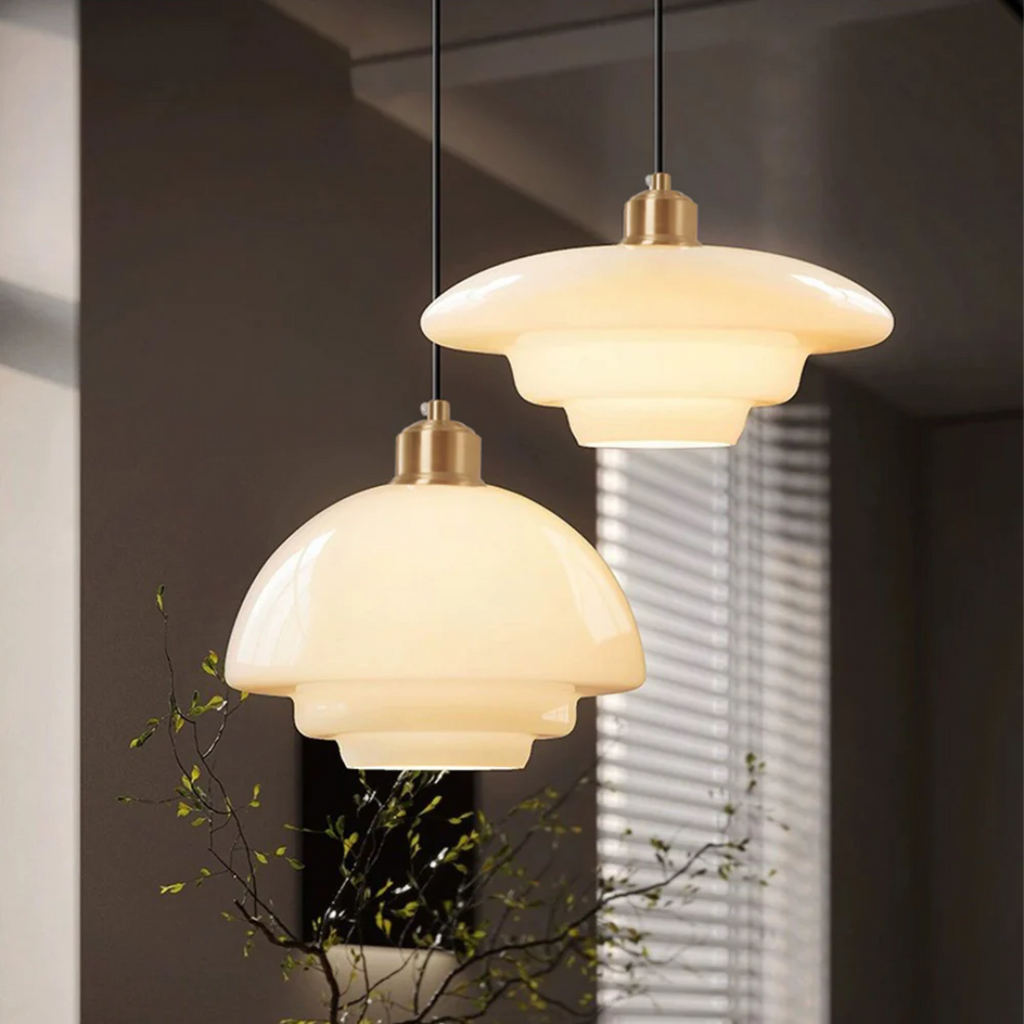 Round Glass Pendant Light with Gold Detail, Adjustable Drop