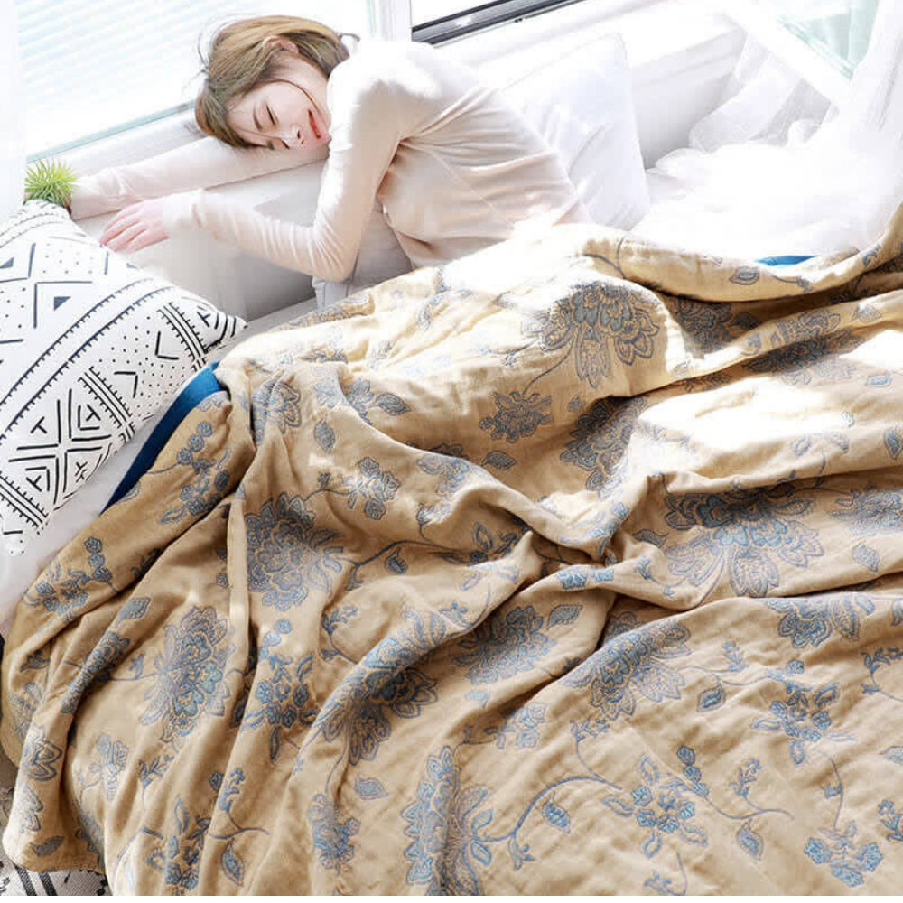 Cotton Gauze Summer Blanket with Jacquard Floral Pattern
