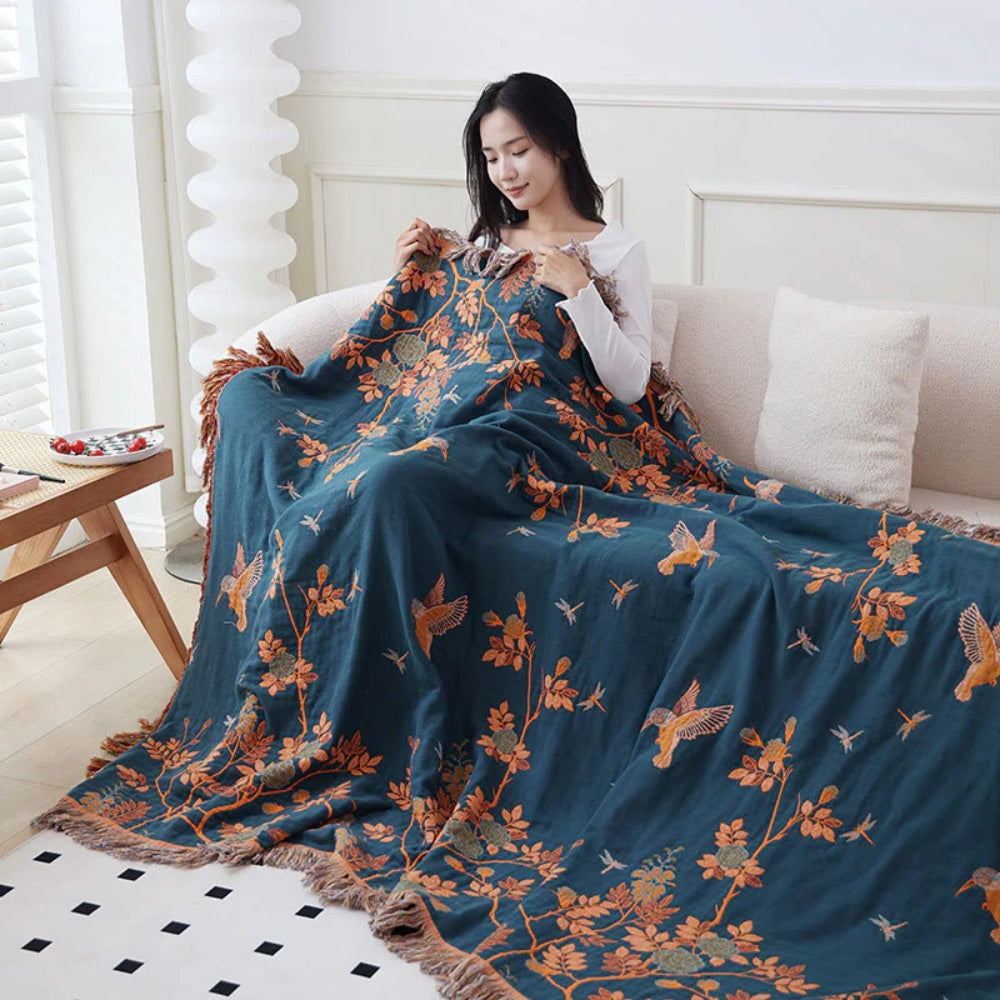 Layered Cotton Gauze Throw with Jacquard Weave and Tassels