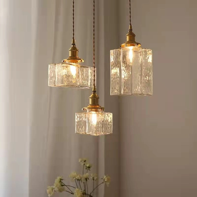 Vintage Ribbed Glass Pendant Light with Iron Frame