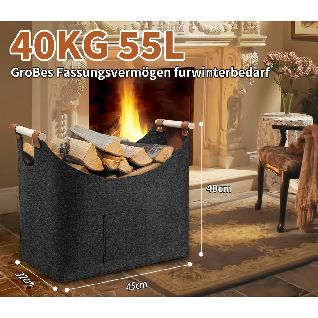 Felt Log Basket 55L with Wooden Handles, Foldable