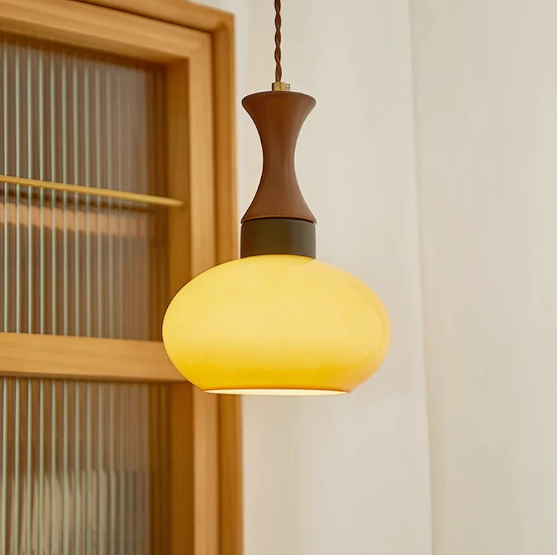 Glass and Wood Pendant Light with E27 Fitting, Retro Style