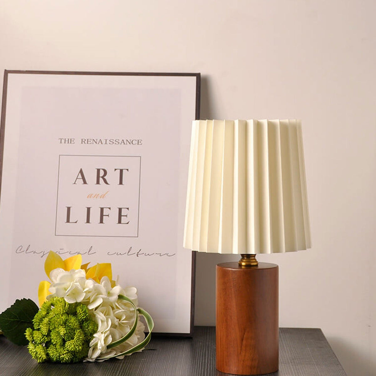 Pleated Shade Table Lamp with Wooden Base, 31 cm