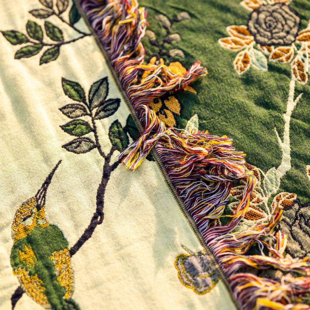 Layered Cotton Gauze Throw with Jacquard Weave and Tassels