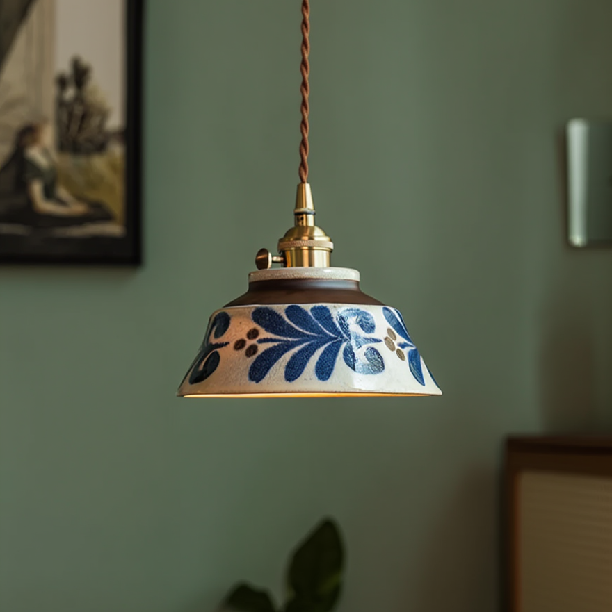 Hand-Painted Floral Ceramic Pendant Light, Copper Finish