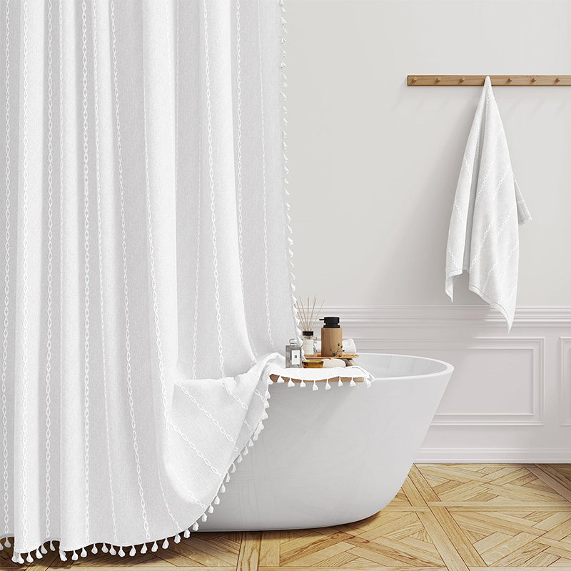 Boho Tasselled Shower Curtain, Waterproof Linen-Weave Jacquard