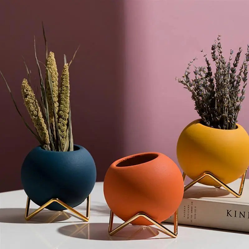 Small Ceramic Plant Pot on Metal Stand, 10.5cm, Three Colours