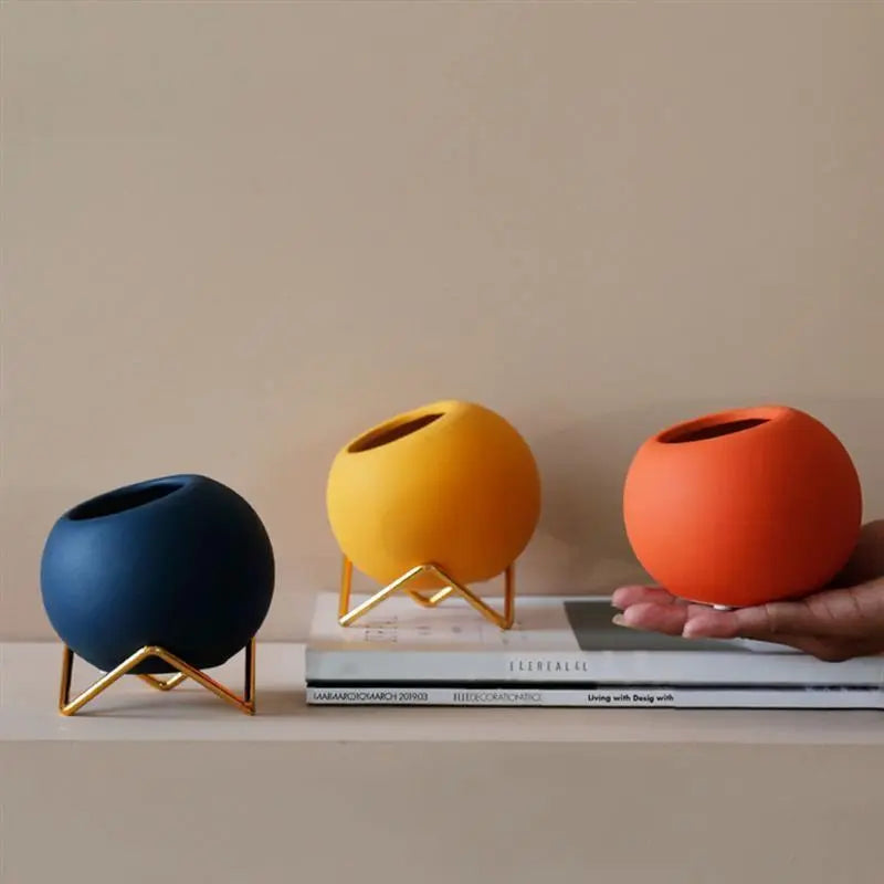 Small Ceramic Plant Pot on Metal Stand, 10.5cm, Three Colours