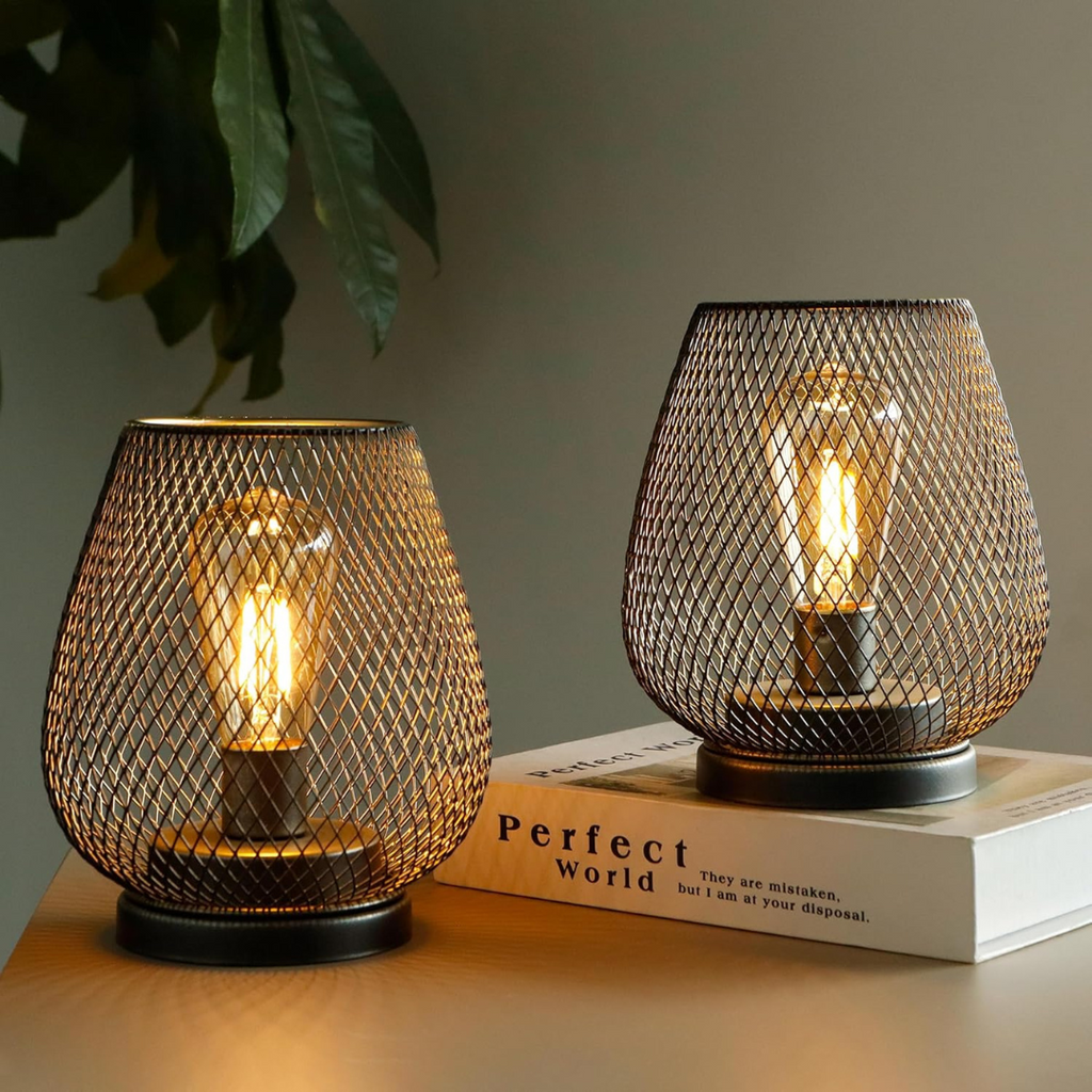 Cordless Metal Mesh Table Lamp, Rechargeable Warm White LED