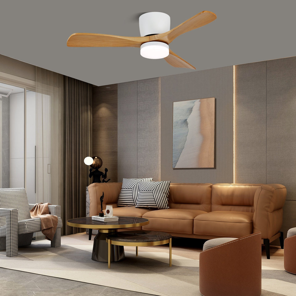 Wood Blade Ceiling Fan with LED Light and Remote, DC Motor