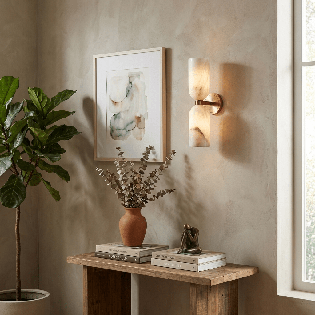 Alabaster Wall Light with Twin Discs and Brass Centre