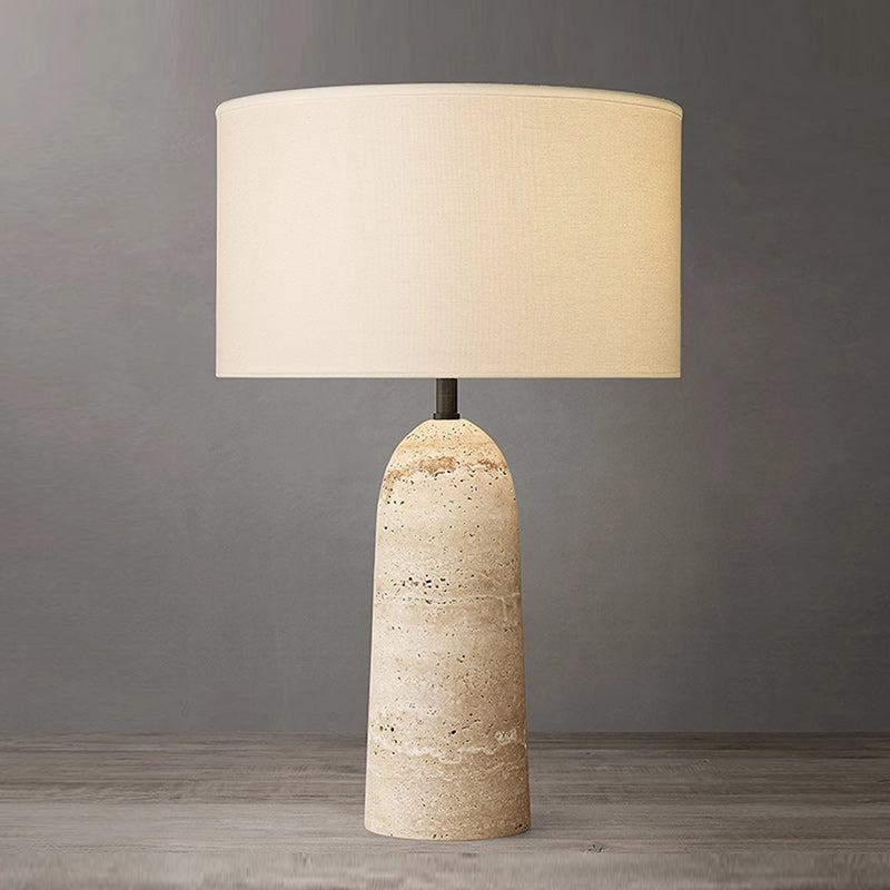 Travertine Table Lamp with Beige Linen Shade, Natural Stone