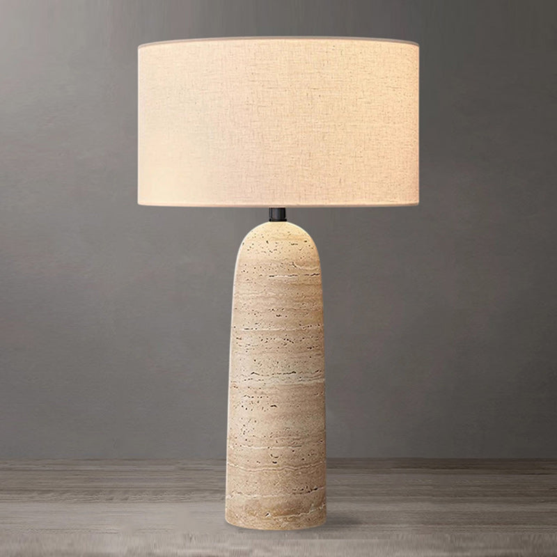 Travertine Table Lamp with Beige Linen Shade, Natural Stone