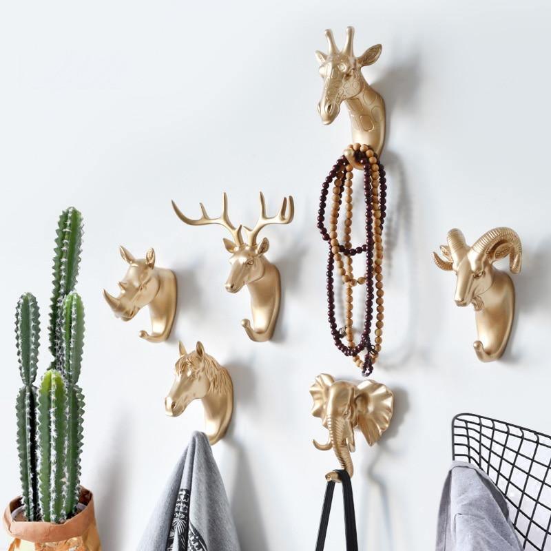Cast Iron Animal Head Wall Hook, Gold, White or Black