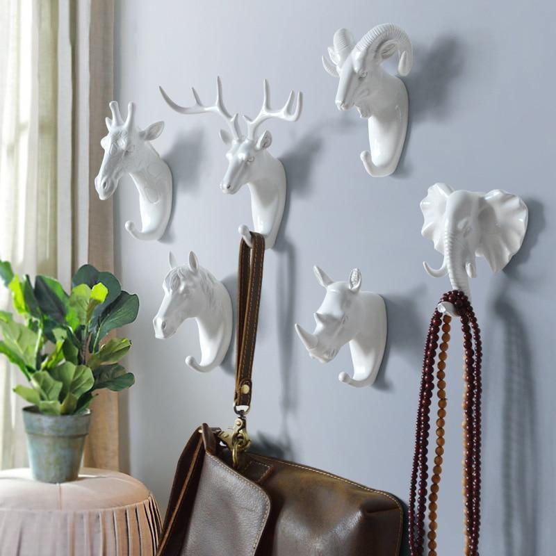 Cast Iron Animal Head Wall Hook, Gold, White or Black