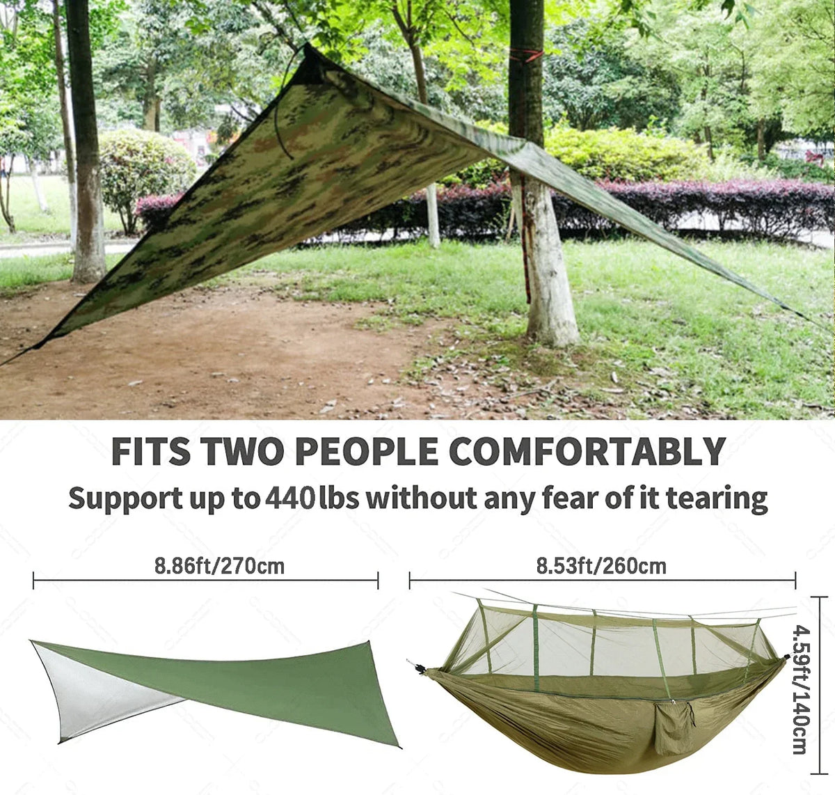 Two-Person Camping Hammock with Rain Fly and Mosquito Net