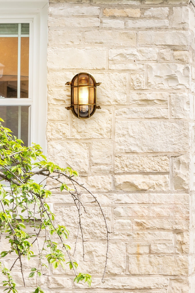 Oval Outdoor Wall Light with Cage and Ribbed Glass, IP64