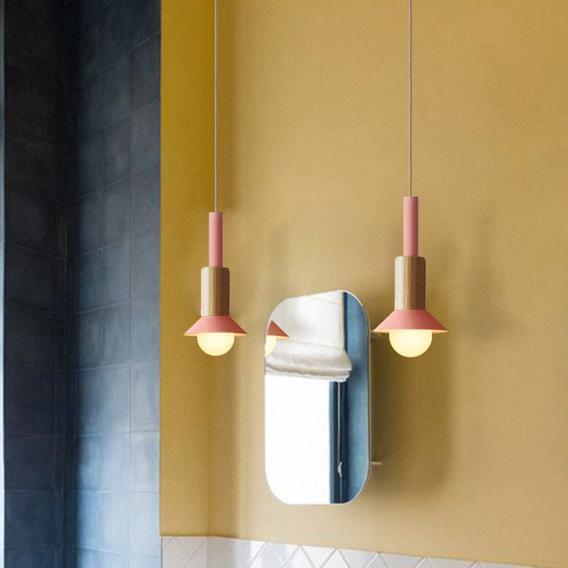 Scandinavian Wood Pendant Light with Coloured Metal Shade