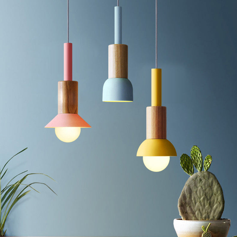 Scandinavian Wood Pendant Light with Coloured Metal Shade