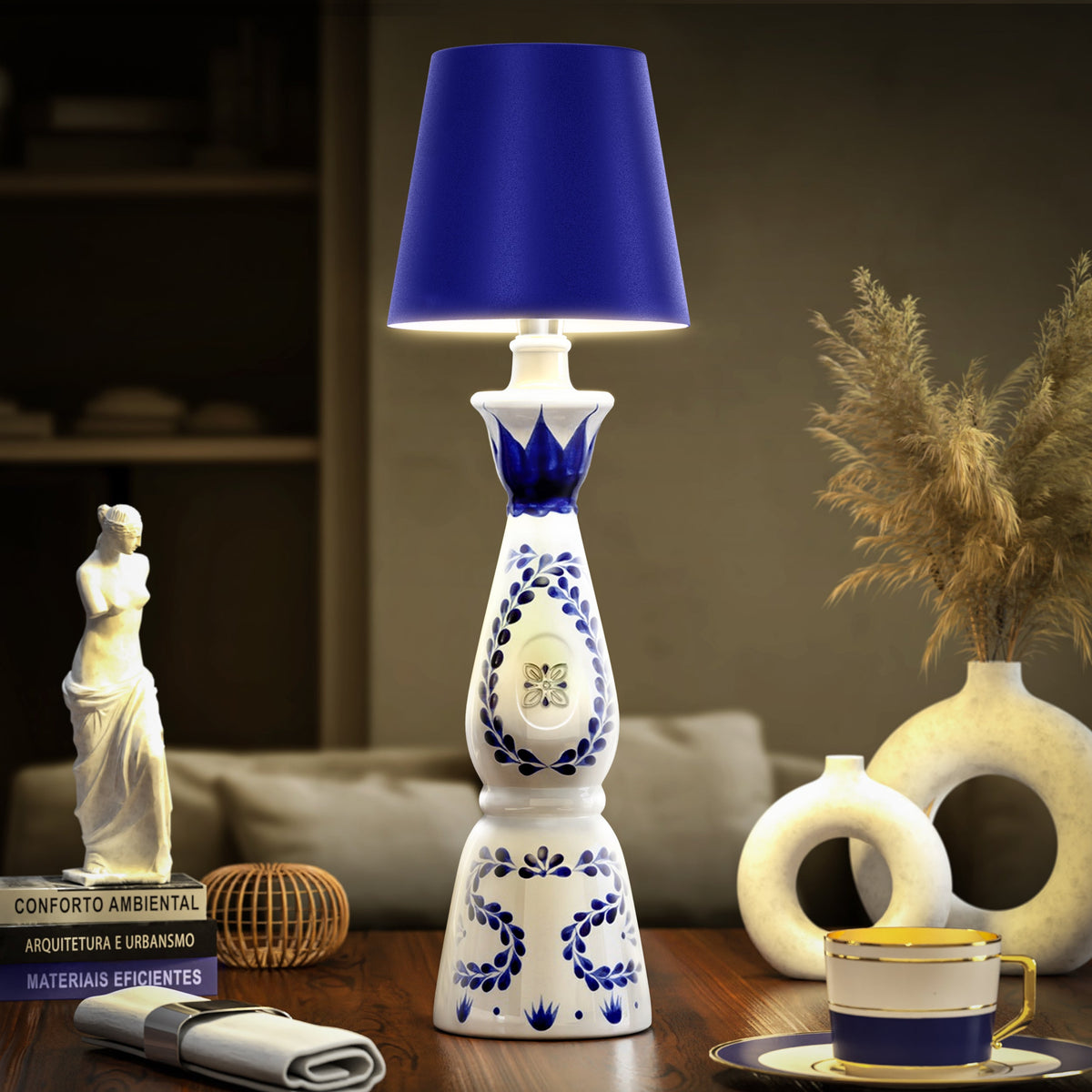 Cordless Bottle Lamp with Fabric Shade, 3000K, USB-C Rechargeable
