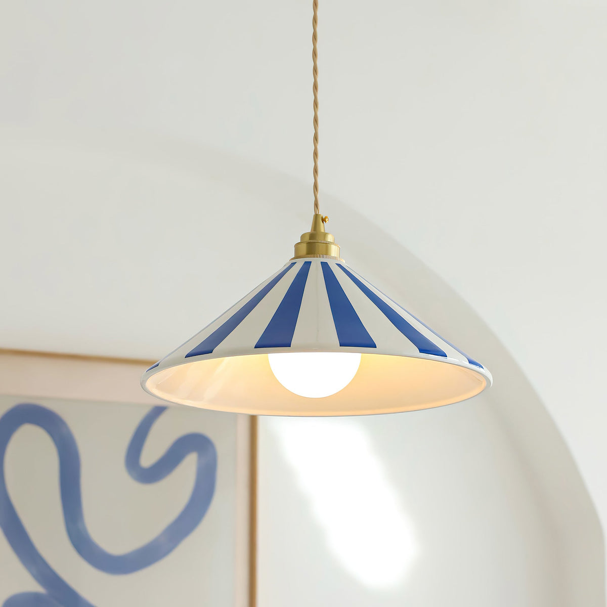 Striped Glass Pendant Light with Brass Fitting, Conical Shade