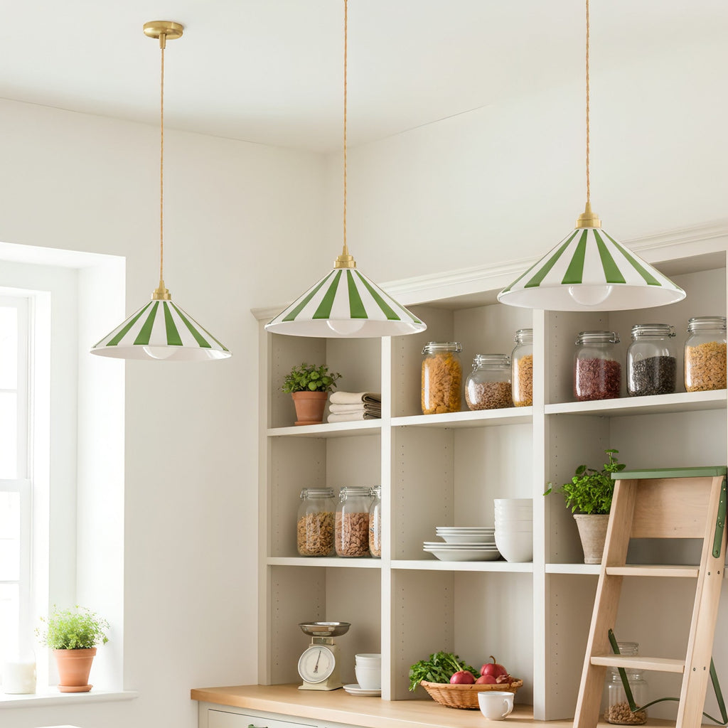 Striped Glass Pendant Light with Brass Fitting, Conical Shade
