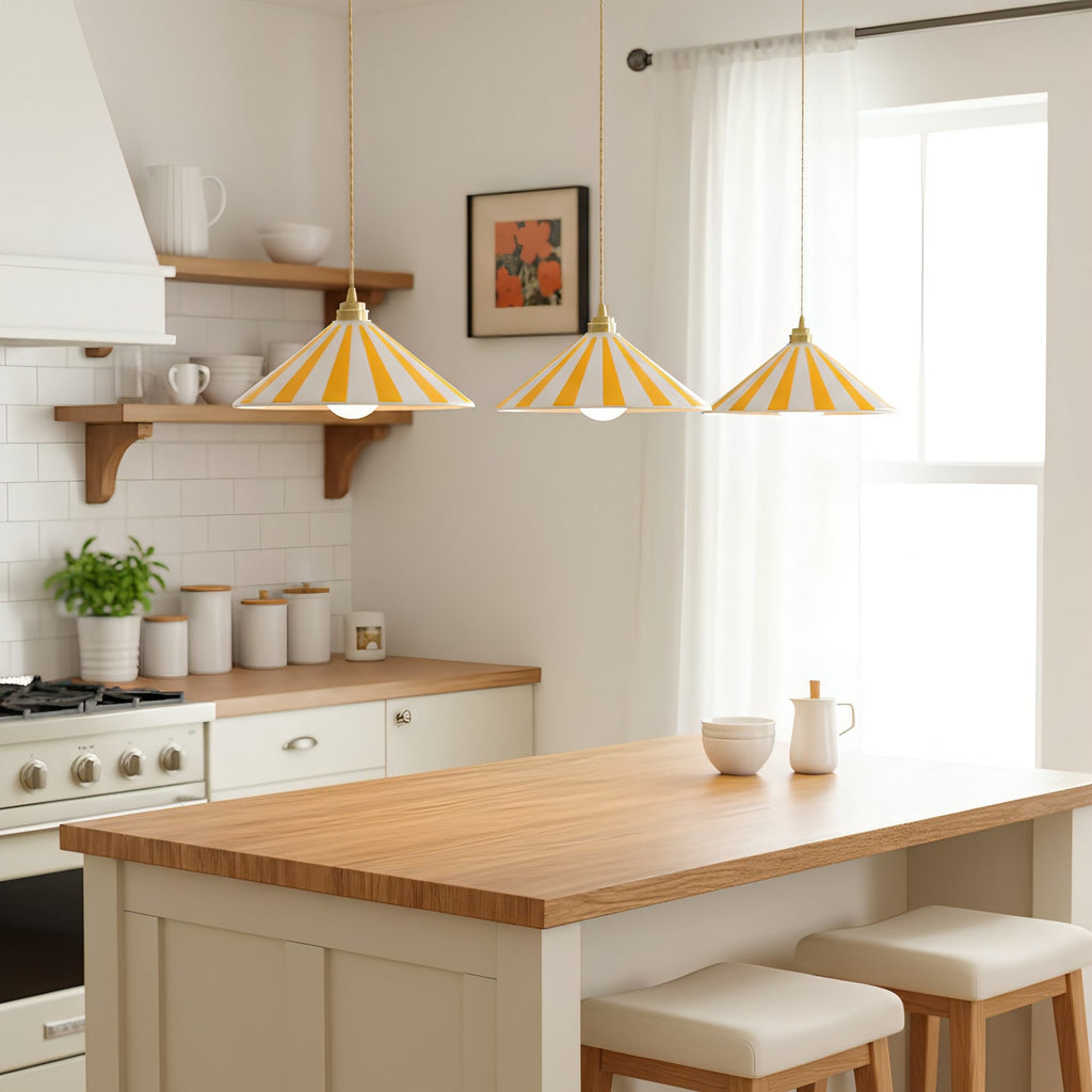 Striped Glass Pendant Light with Brass Fitting, Conical Shade