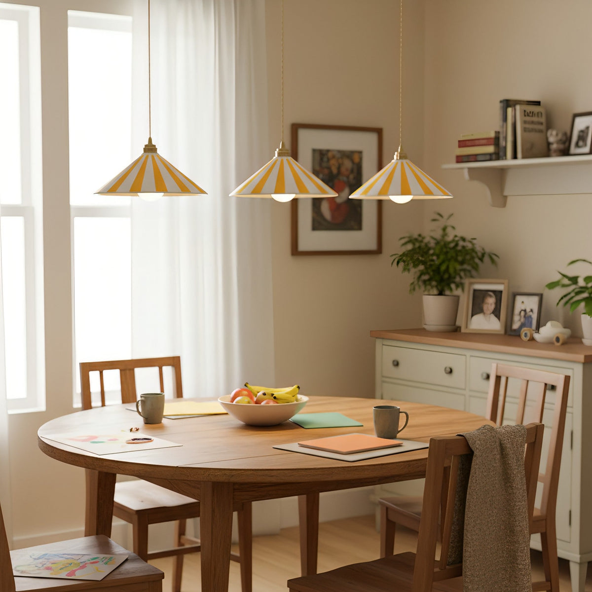Striped Glass Pendant Light with Brass Fitting, Conical Shade