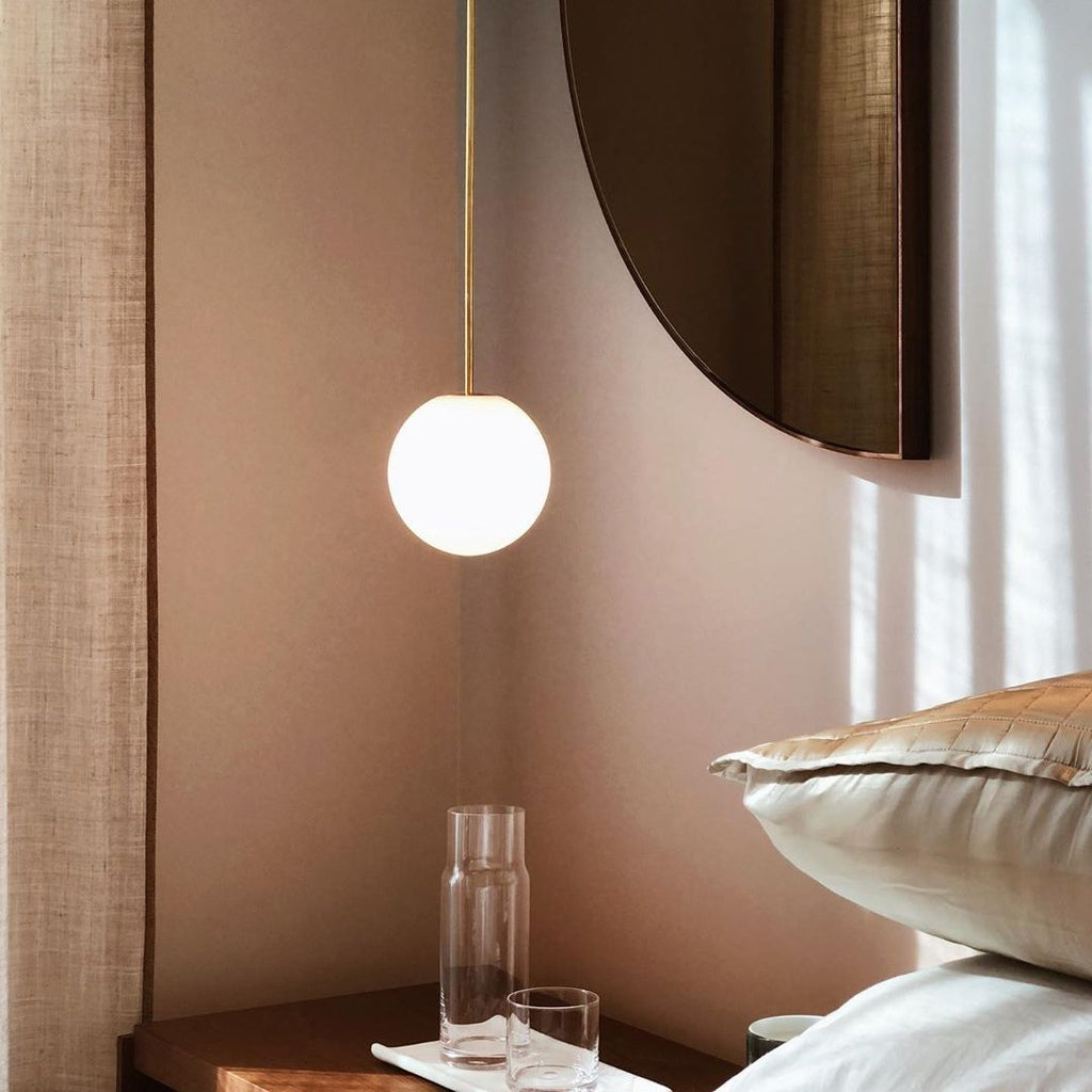 Opal Glass Globe Pendant Light with Brass Finish, Slim Stem