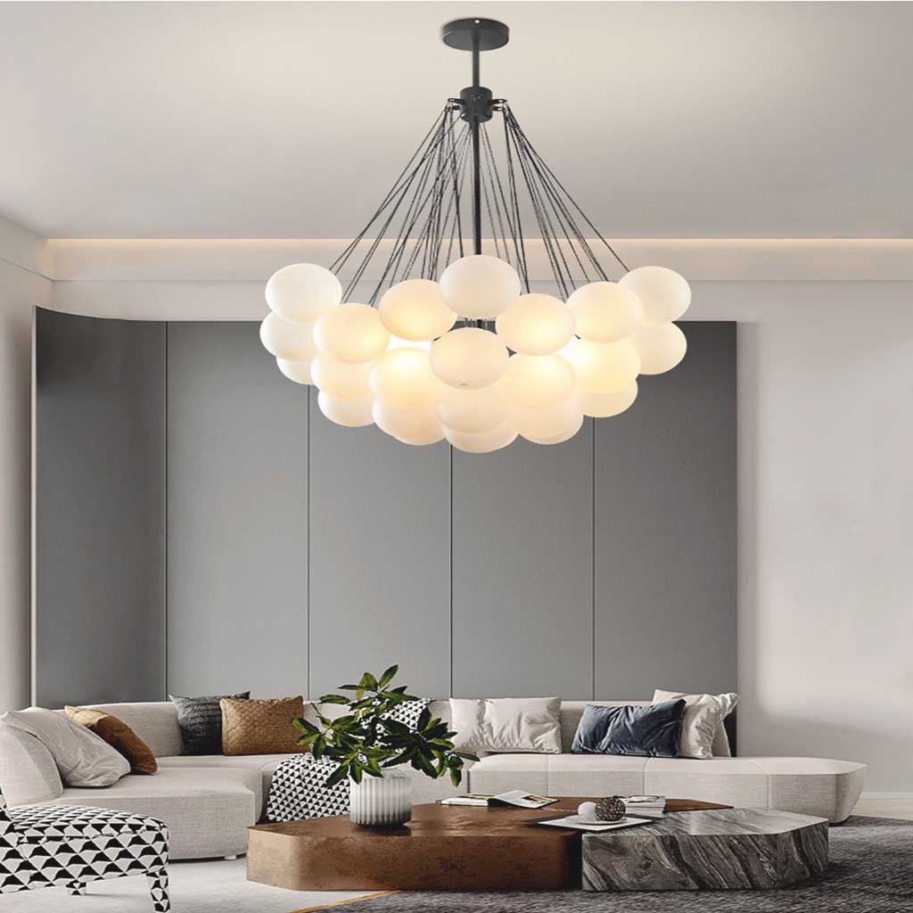 Glass Bubble Cluster Pendant Light with Metal Chain, Black or Gold