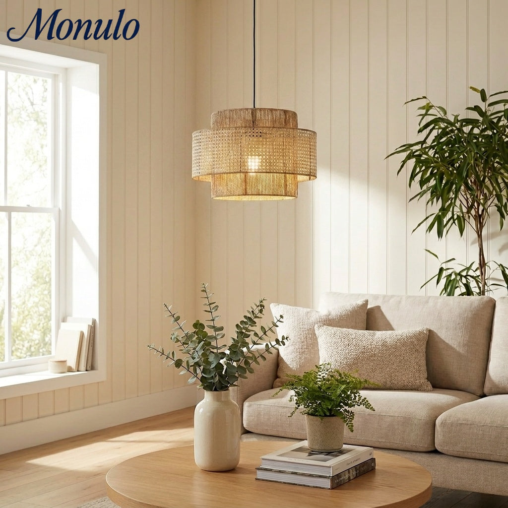 Handwoven Hemp Rope and Rattan Drum Pendant Light