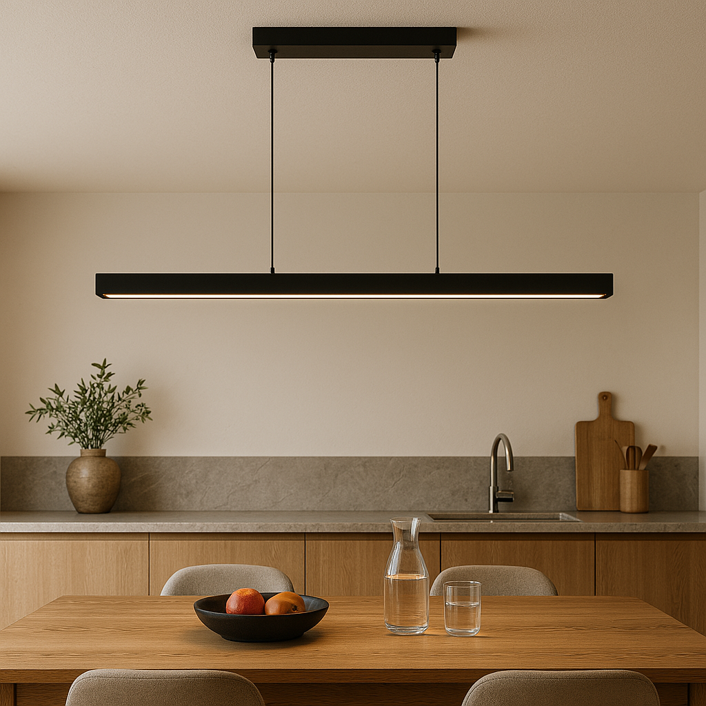 Linear LED Pendant Light, Wood Effect and Iron, 3000K