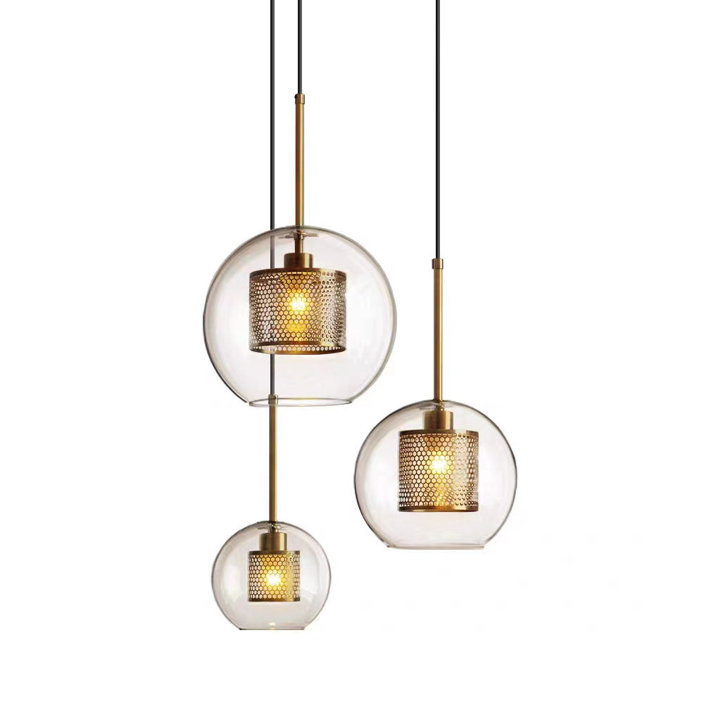 Glass Pendant Light with Inner Metal Mesh Shade, Two Shapes