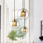 Glass Pendant Light with Inner Metal Mesh Shade, Two Shapes