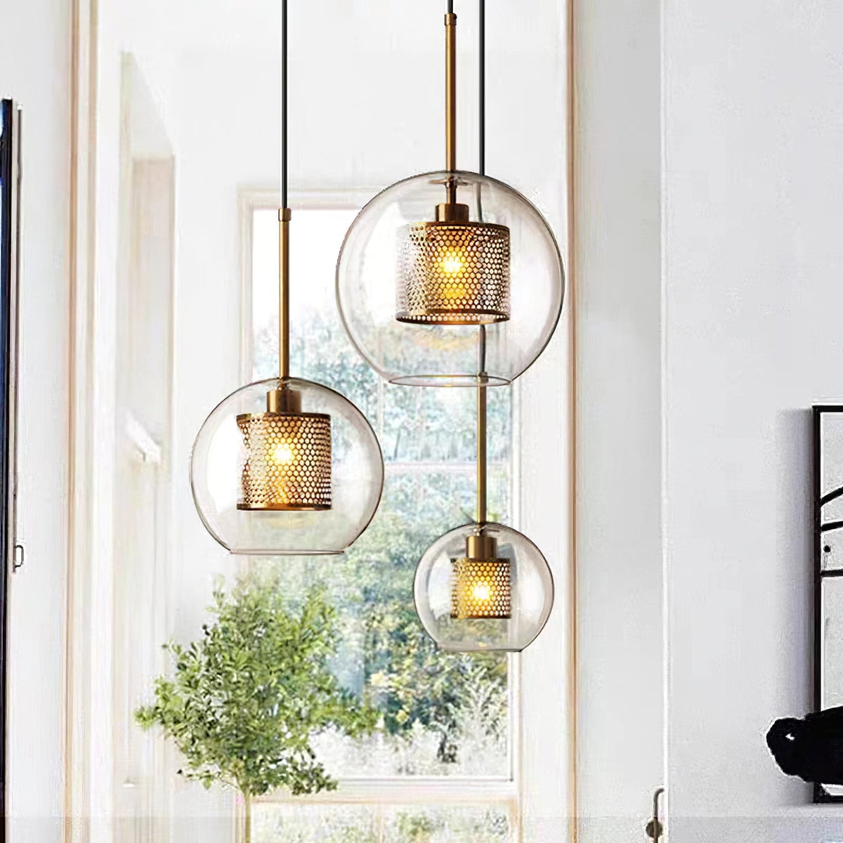 Glass Pendant Light with Inner Metal Mesh Shade, Two Shapes