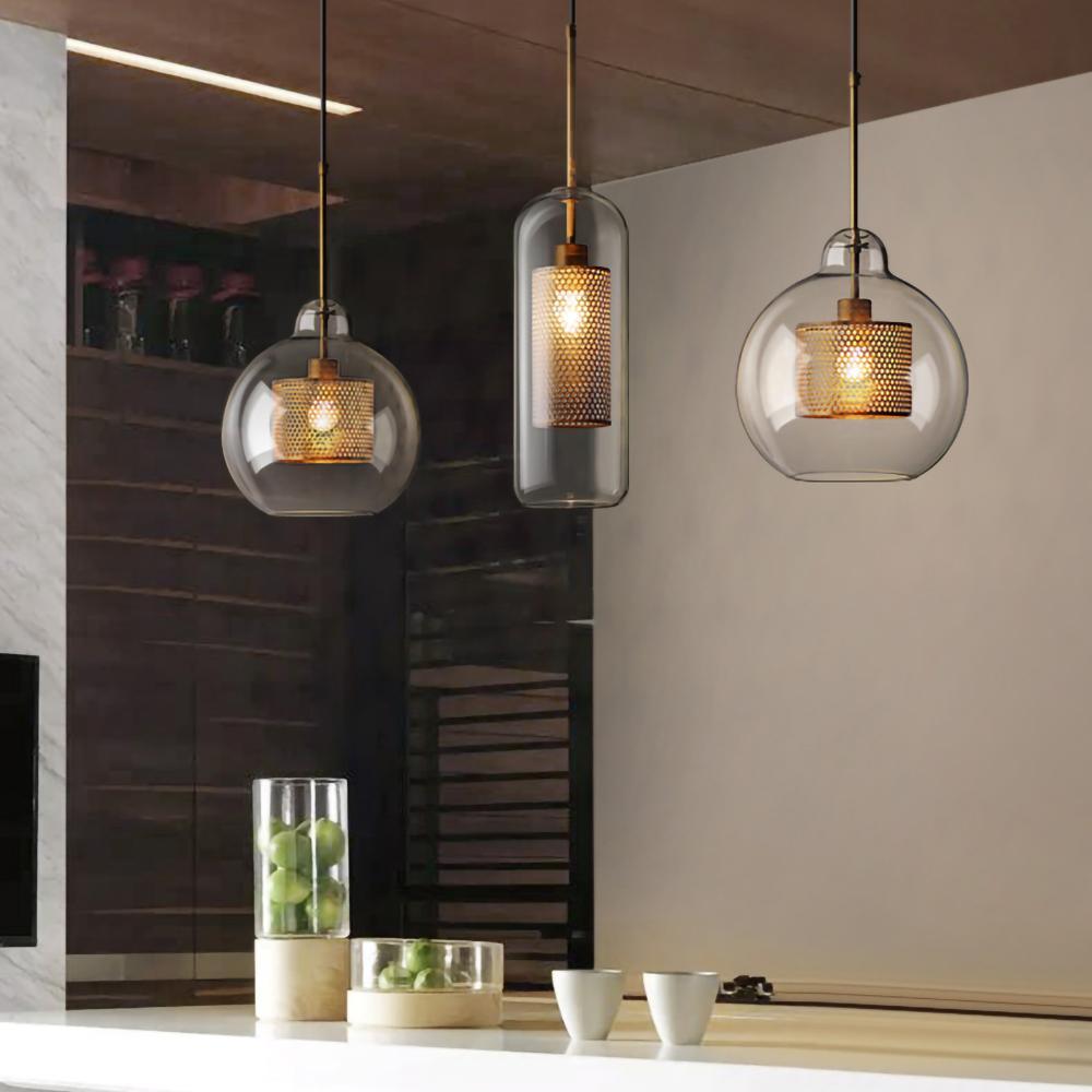 Glass Pendant Light with Inner Metal Mesh Shade, Two Shapes