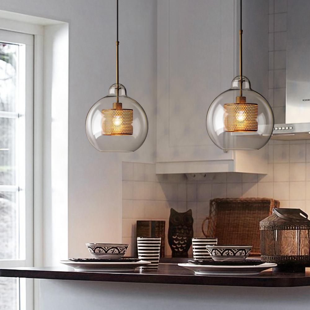Glass Pendant Light with Inner Metal Mesh Shade, Two Shapes