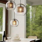 Glass Pendant Light with Inner Metal Mesh Shade, Two Shapes