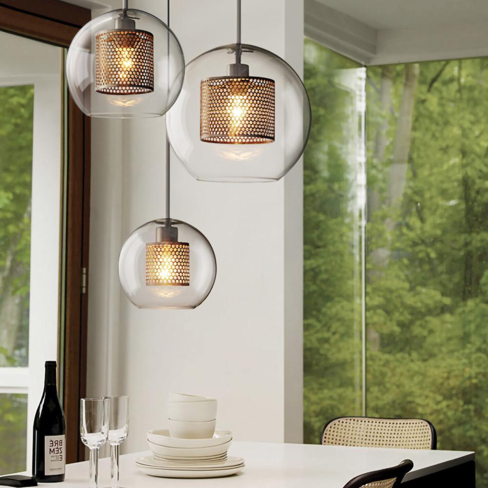 Glass Pendant Light with Inner Metal Mesh Shade, Two Shapes