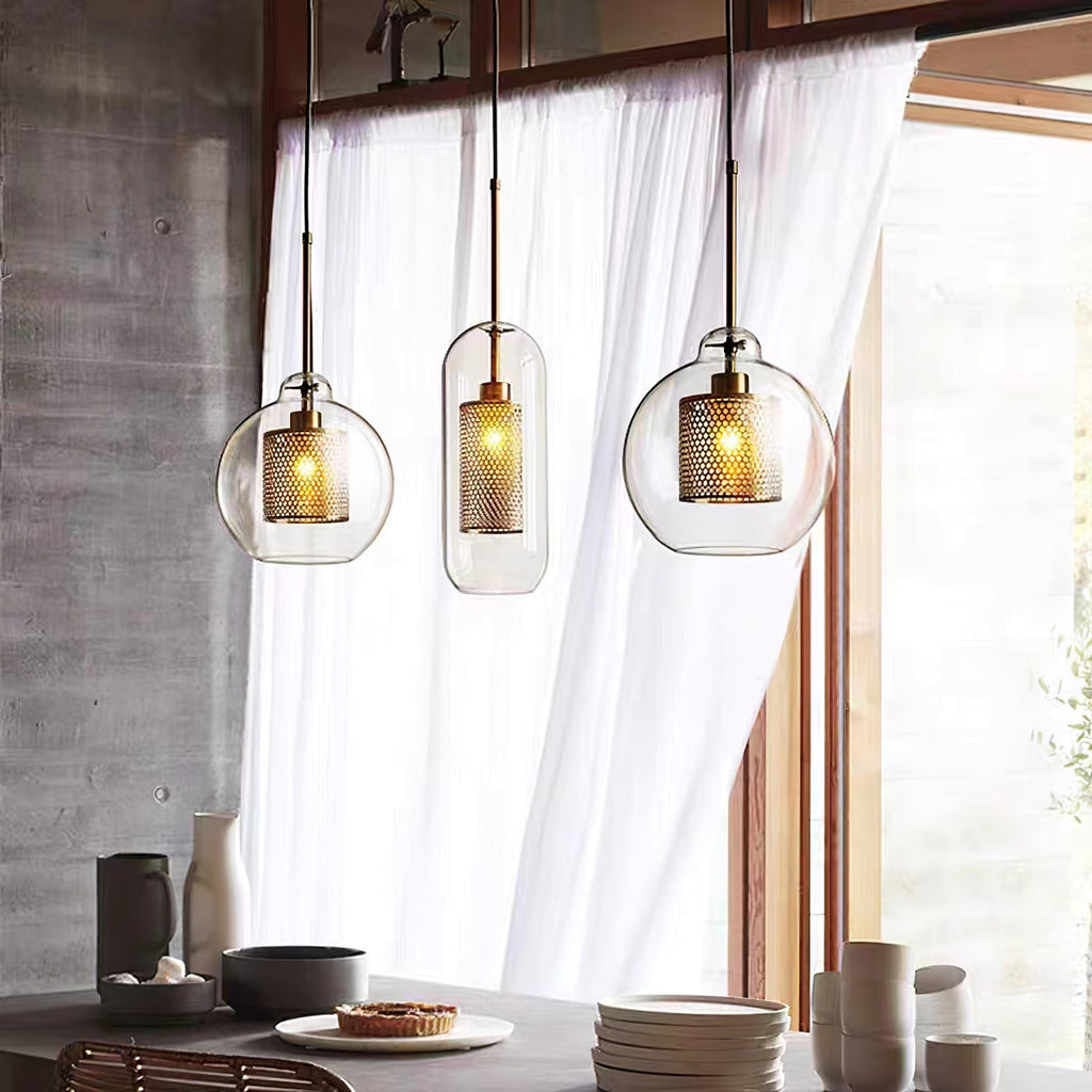 Glass Pendant Light with Inner Metal Mesh Shade, Two Shapes