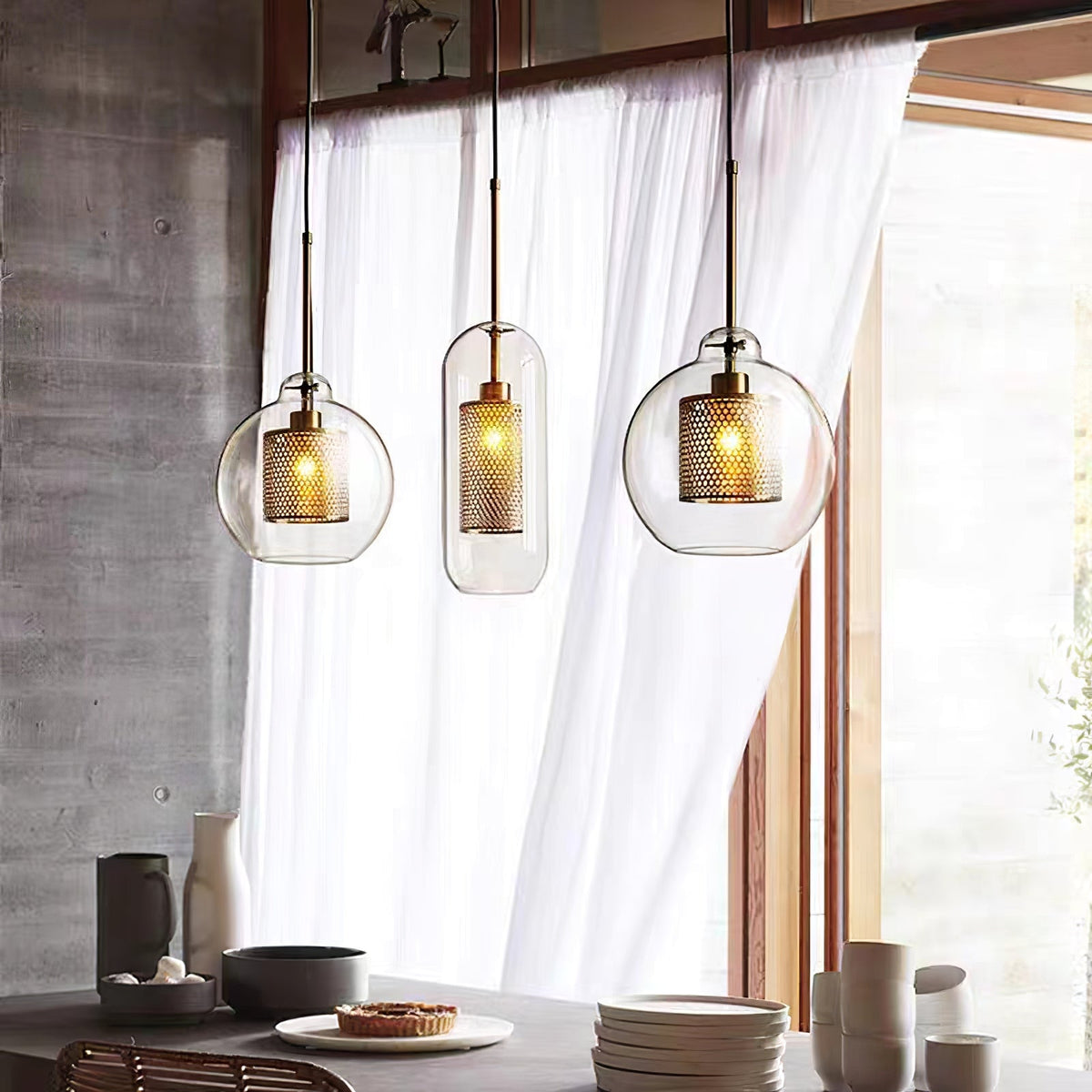 Glass Pendant Light with Inner Metal Mesh Shade, Two Shapes