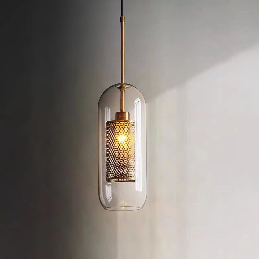 Glass Pendant Light with Inner Metal Mesh Shade, Two Shapes