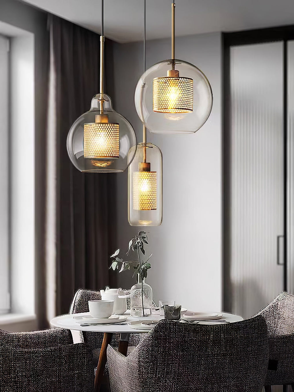 Glass Pendant Light with Inner Metal Mesh Shade, Two Shapes