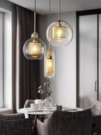 Glass Pendant Light with Inner Metal Mesh Shade, Two Shapes