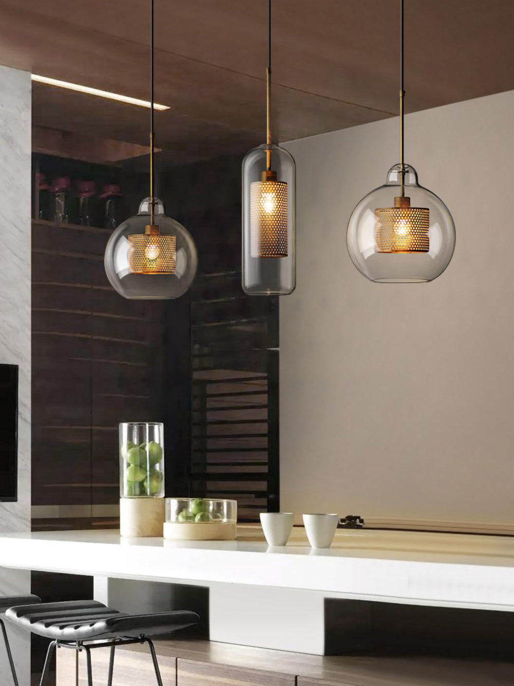 Glass Pendant Light with Inner Metal Mesh Shade, Two Shapes