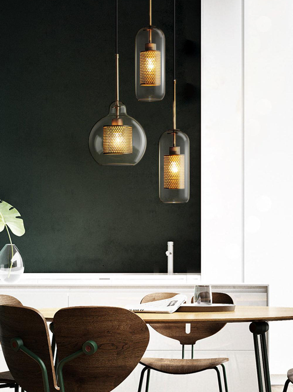 Glass Pendant Light with Inner Metal Mesh Shade, Two Shapes