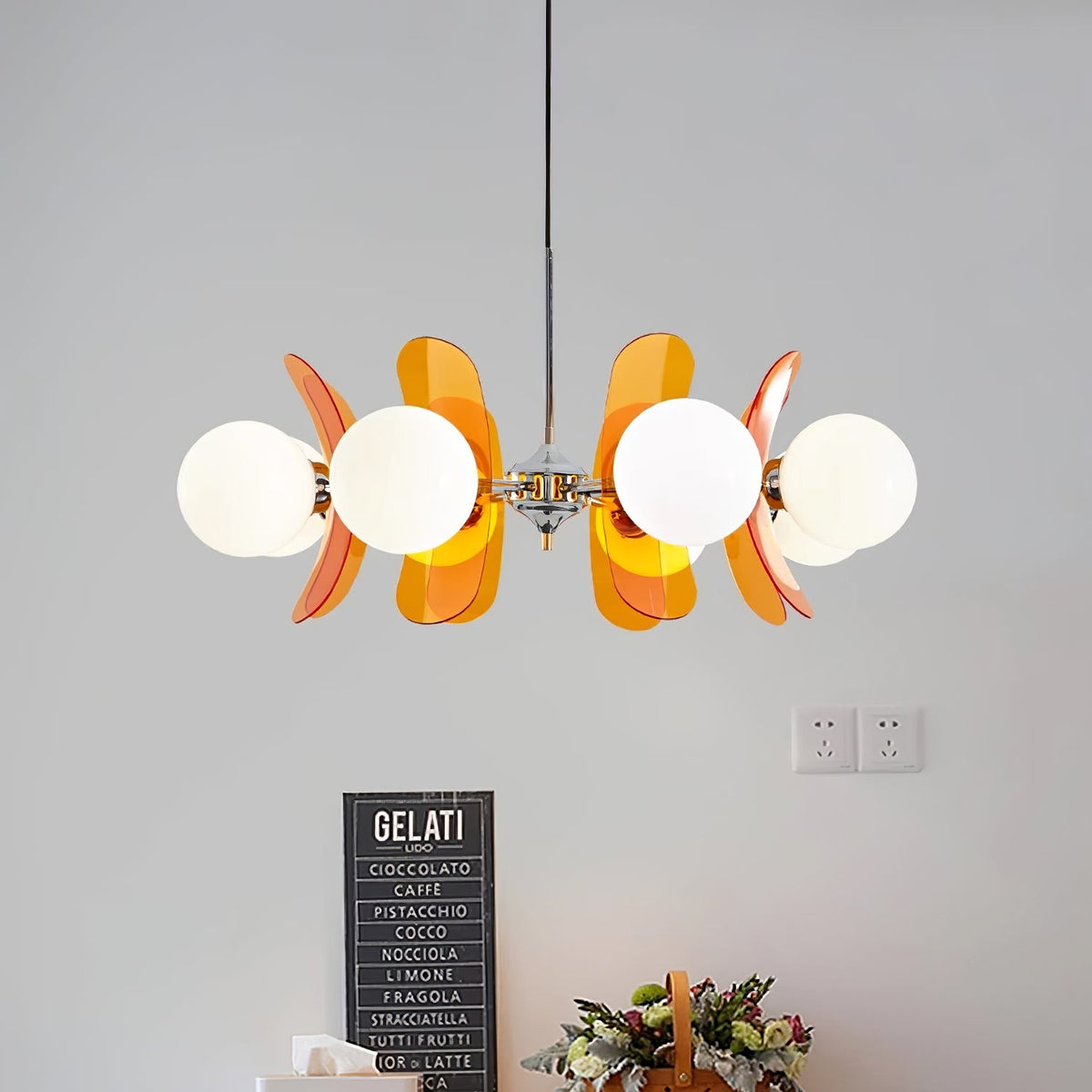 Modern Sputnik Chandelier with Coloured Acrylic and Glass Globes