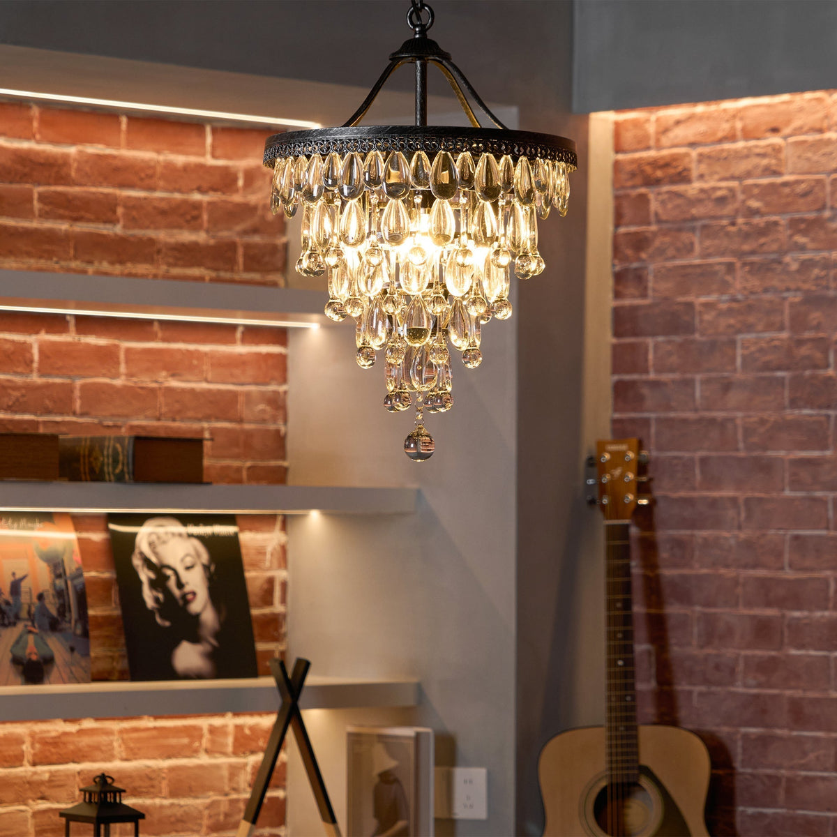 Crystal Chandelier with Antique Bronze Finish and Chain