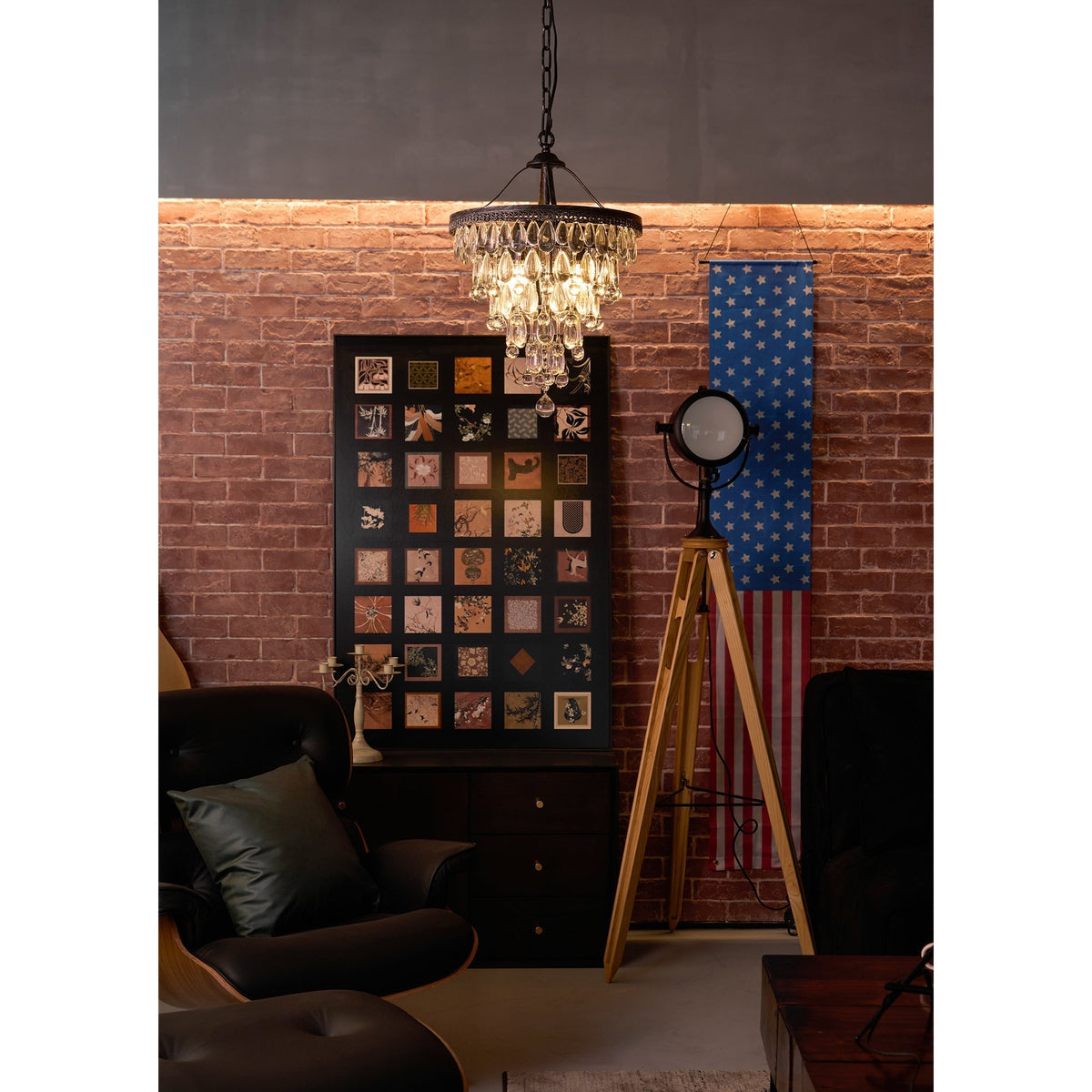 Crystal Chandelier with Antique Bronze Finish and Chain